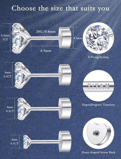 Limerencia Titanium Flat Back Stud Earrings, Moissanite Stud Earrings for Women Men | Hypoallergenic Helix Earrings, Screw Back Tragus Earrings