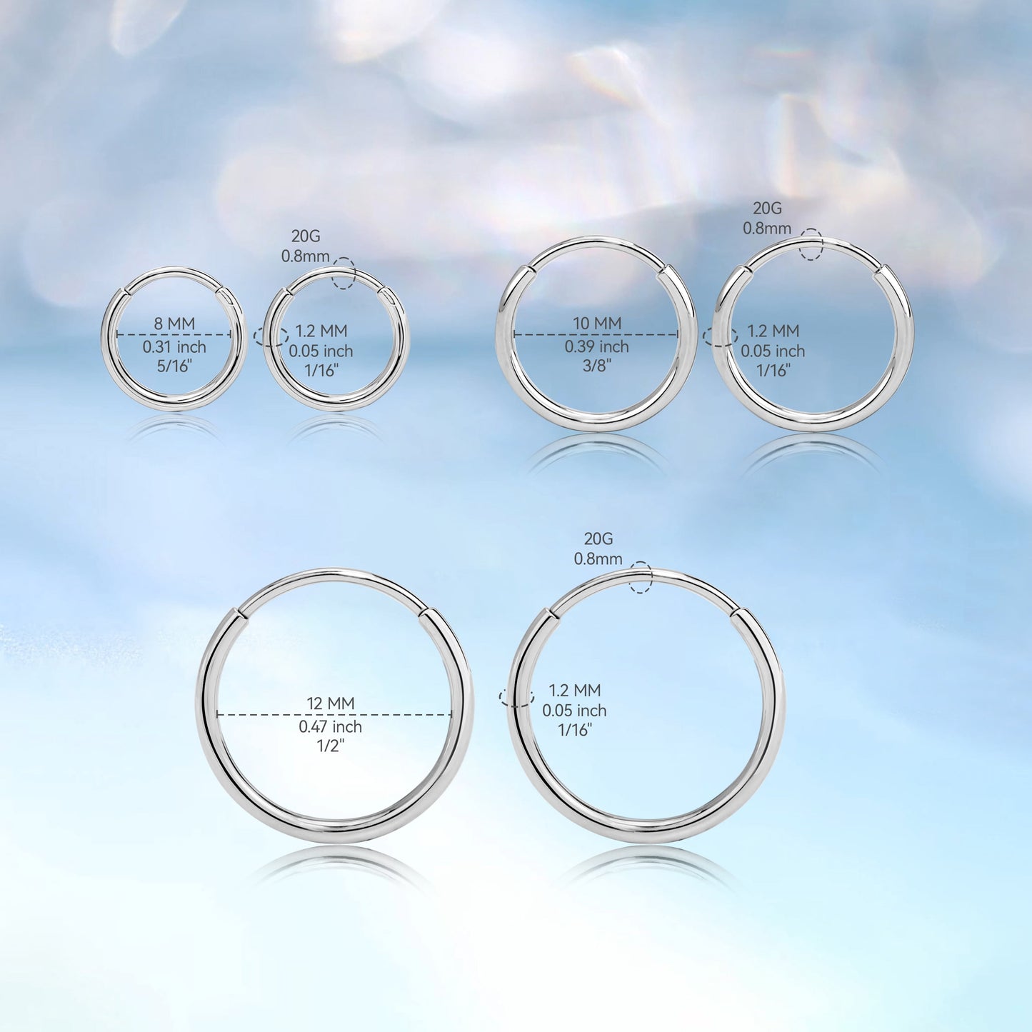 Limerencia G23 Titanium Slim Hoop Earrings, Hypoallergenic Nose/Lip Earrings 3Pairs Silver Unisex