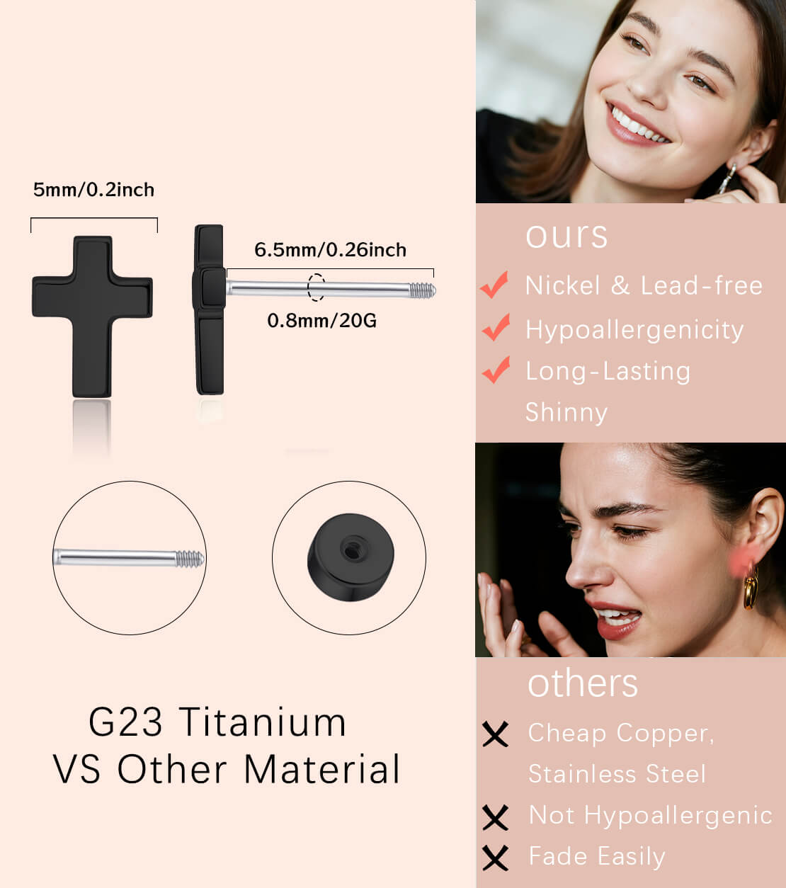 Pendientes de titanio Limerencia, pendientes hipoalergénicos para hombre y mujer con oídos sensibles, joyería minimalista, pendientes cruz planos para cartílago, diseño cruz
