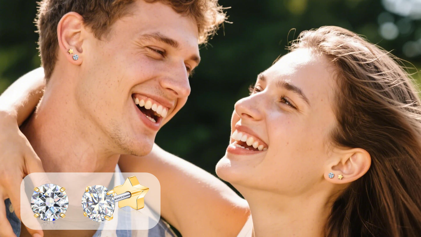 Limerencia Moissanite Stud Earrings for Women Men, F136 Hypoallergenic Titanium Earrings for Sensitive Ears, 18K White Gold Plated Star or Heart Flat Back, D Color VVS1 Clarity, GRA Certificate