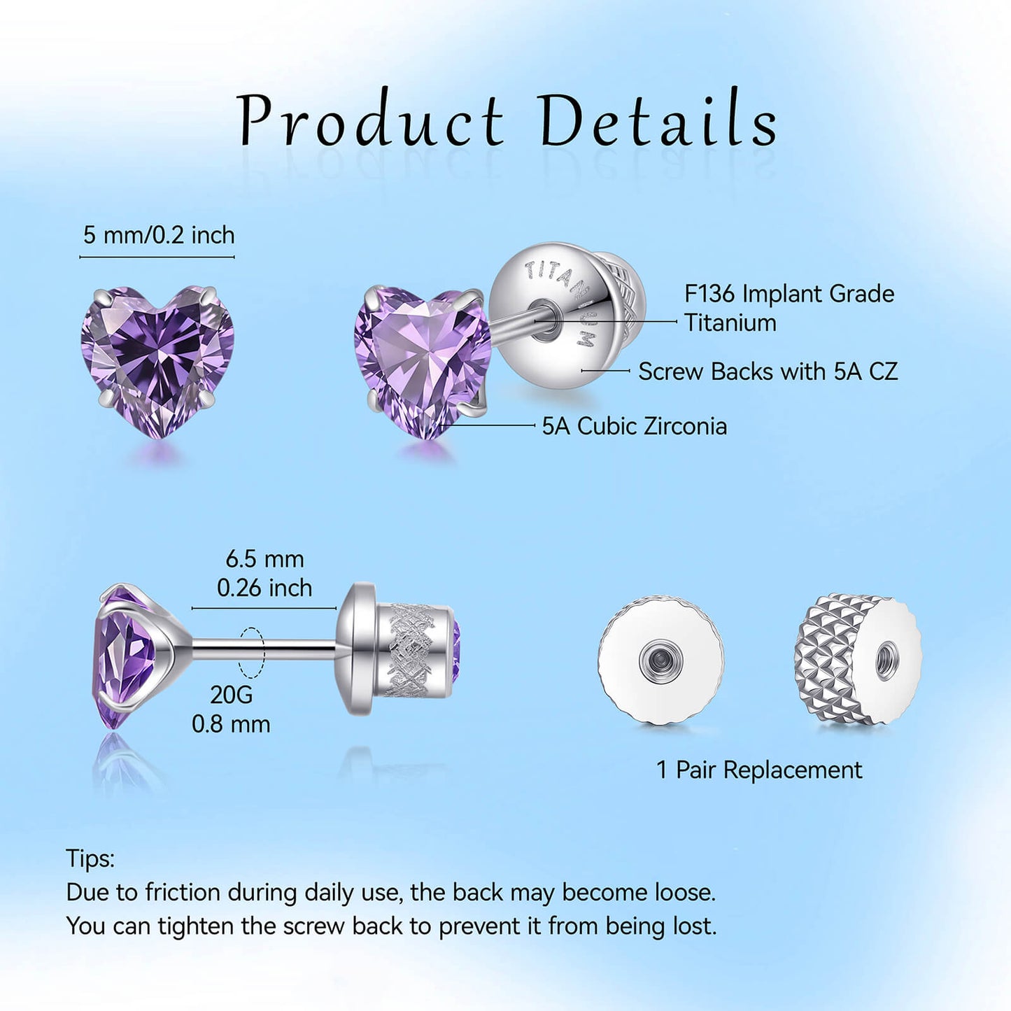 Limerencia Heart Birthstone Screw Backs Earrings G23 Implant Grade Titanium Stud Earrings 20G Hypoallergenic Cubic Zirconia Tragus Piercing Post for Sensitive Ears