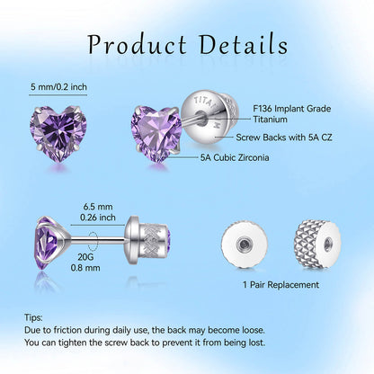 Limerencia Heart Birthstone Screw Backs Earrings G23 Implant Grade Titanium Stud Earrings 20G Hypoallergenic Cubic Zirconia Tragus Piercing Post for Sensitive Ears