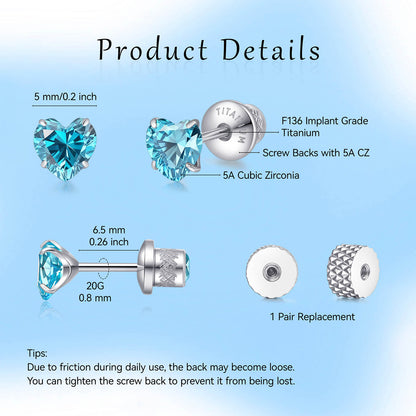 Limerencia Heart Birthstone Screw Backs Earrings G23 Implant Grade Titanium Stud Earrings 20G Hypoallergenic Cubic Zirconia Tragus Piercing Post for Sensitive Ears