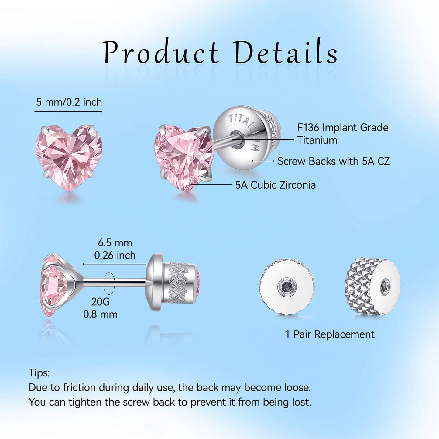 Limerencia Heart Birthstone Screw Backs Earrings G23 Implant Grade Titanium Stud Earrings 20G Hypoallergenic Cubic Zirconia Tragus Piercing Post for Sensitive Ears