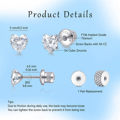 Limerencia Heart Birthstone Screw Backs Earrings G23 Implant Grade Titanium Stud Earrings 20G Hypoallergenic Cubic Zirconia Tragus Piercing Post for Sensitive Ears