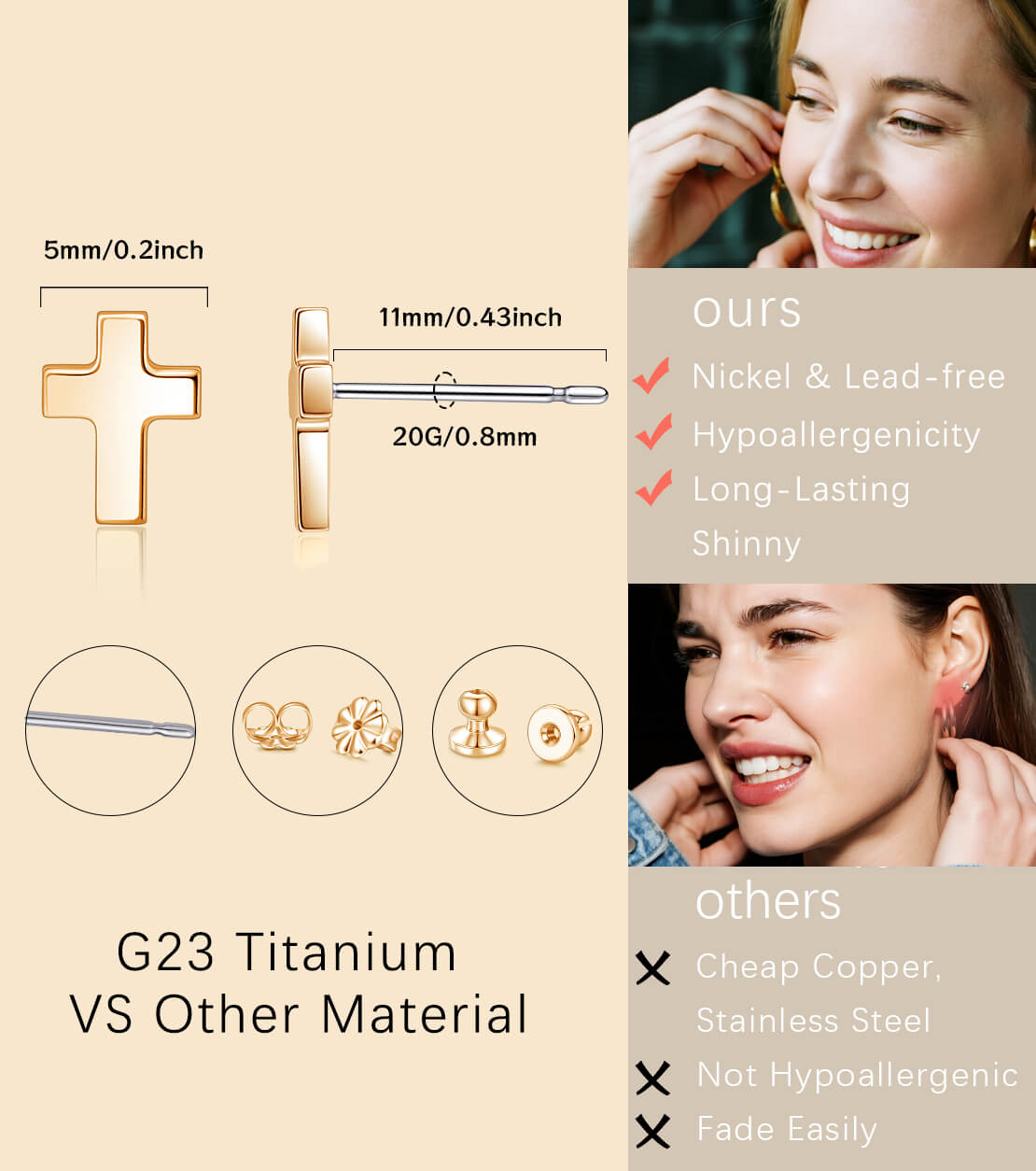 Pendientes de titanio Limerencia, pendientes hipoalergénicos para hombre y mujer con oídos sensibles, joyería minimalista, pendientes cruz planos para cartílago, diseño cruz