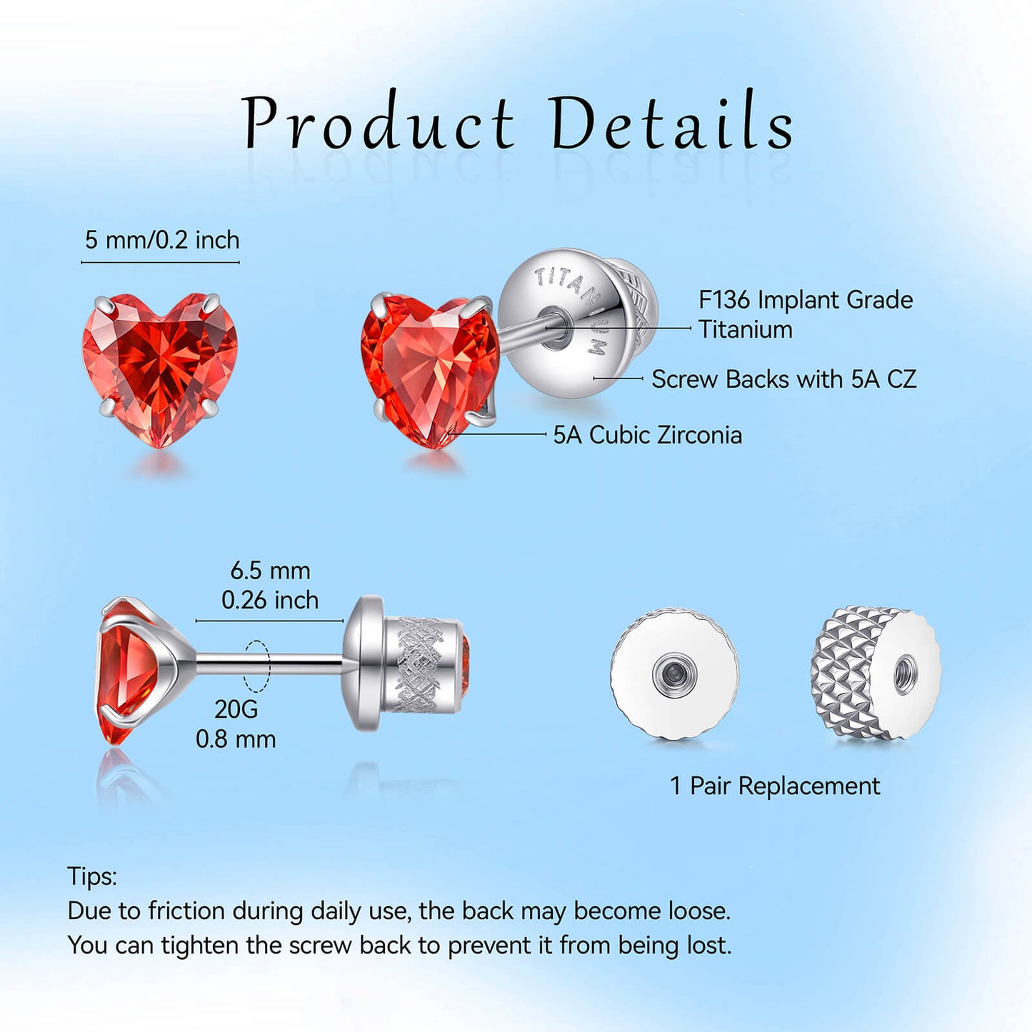 Limerencia Heart Birthstone Screw Backs Earrings G23 Implant Grade Titanium Stud Earrings 20G Hypoallergenic Cubic Zirconia Tragus Piercing Post for Sensitive Ears