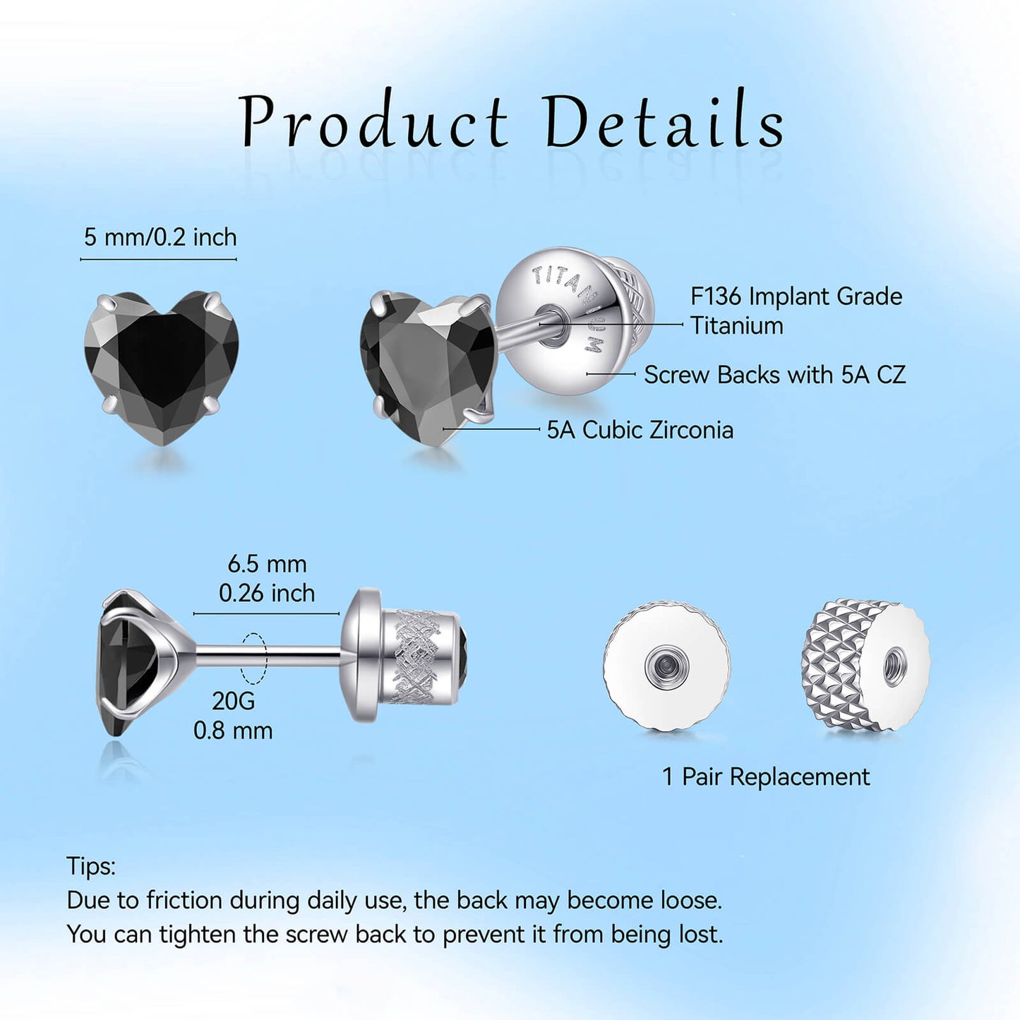 Limerencia Heart Birthstone Screw Backs Earrings G23 Implant Grade Titanium Stud Earrings 20G Hypoallergenic Cubic Zirconia Tragus Piercing Post for Sensitive Ears