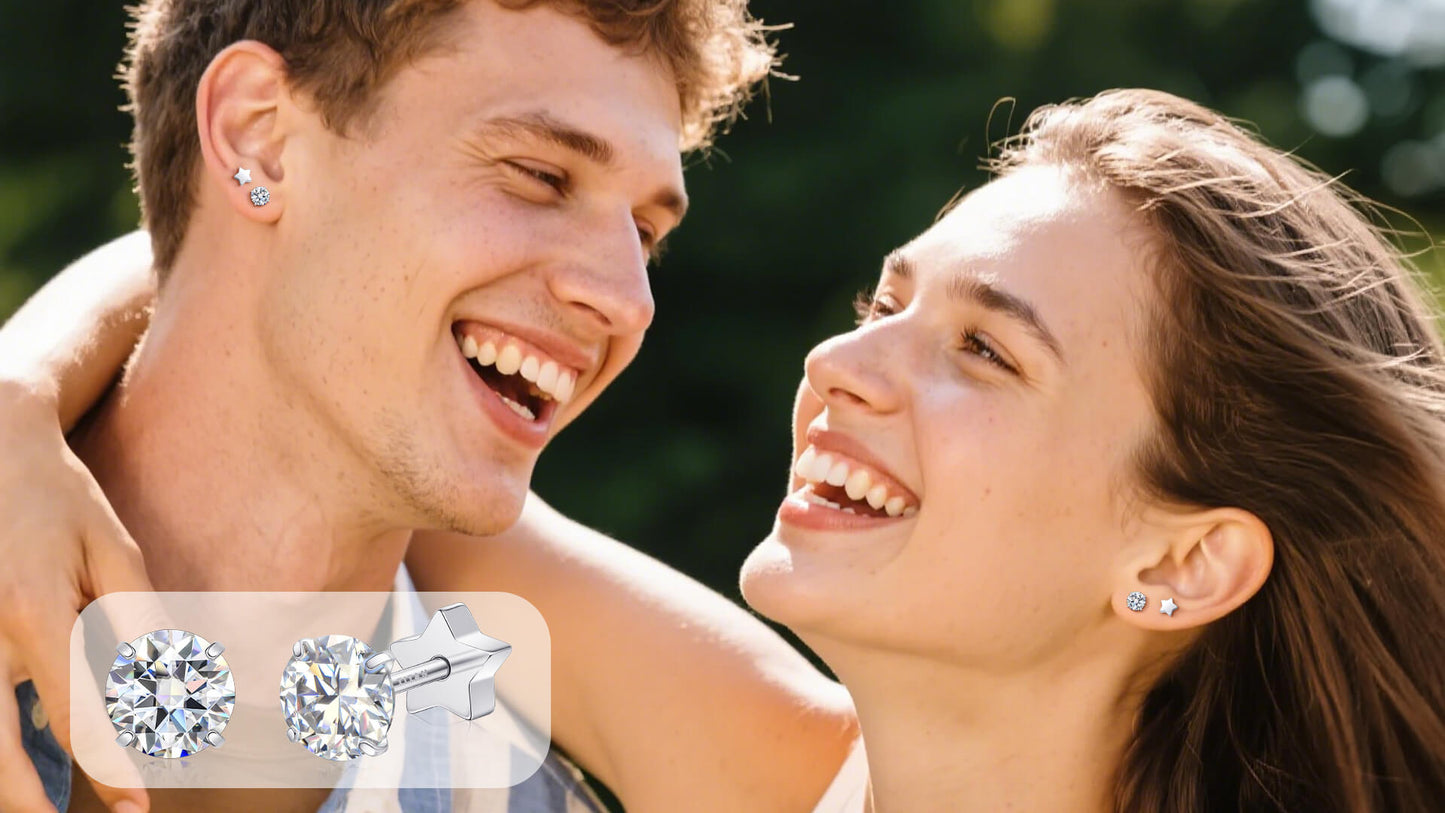 Limerencia Moissanite Stud Earrings for Women Men, F136 Hypoallergenic Titanium Earrings for Sensitive Ears, 18K White Gold Plated Star or Heart Flat Back, D Color VVS1 Clarity, GRA Certificate
