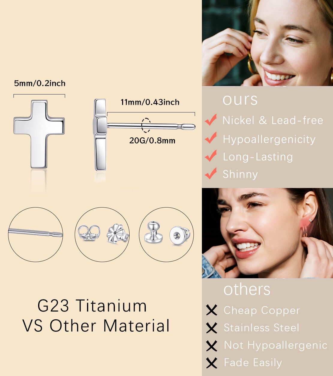 Pendientes de titanio Limerencia, pendientes hipoalergénicos para hombre y mujer con oídos sensibles, joyería minimalista, pendientes cruz planos para cartílago, diseño cruz