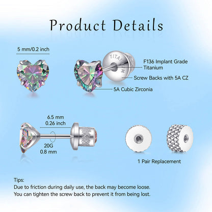 Limerencia Heart Birthstone Screw Backs Earrings G23 Implant Grade Titanium Stud Earrings 20G Hypoallergenic Cubic Zirconia Tragus Piercing Post for Sensitive Ears