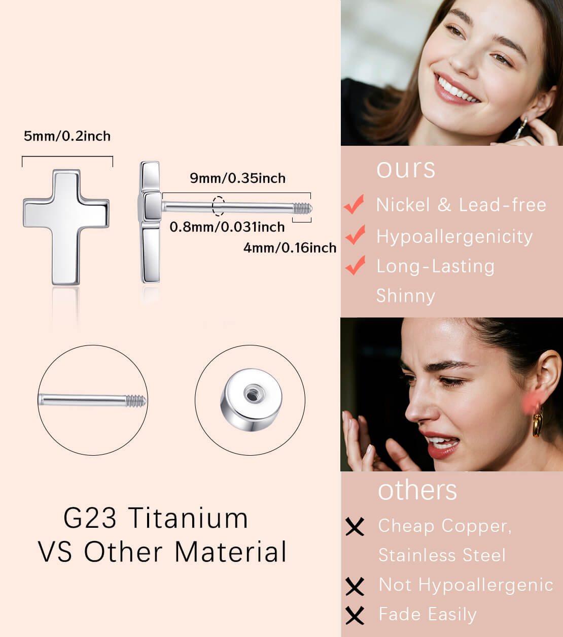 Pendientes de titanio Limerencia, pendientes hipoalergénicos para hombre y mujer con oídos sensibles, joyería minimalista, pendientes cruz planos para cartílago, diseño cruz