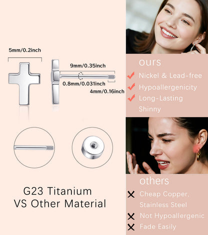 Pendientes de titanio Limerencia, pendientes hipoalergénicos para hombre y mujer con oídos sensibles, joyería minimalista, pendientes cruz planos para cartílago, diseño cruz