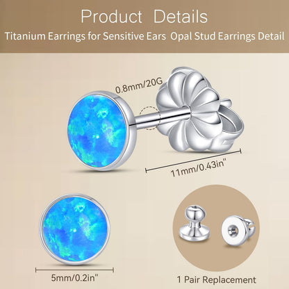 Limerencia Titanium Hypoallergenic Earrings， Opal Stud Earrings for Sensitive Ears Delicate Jewelry，Blue Opal 5mm