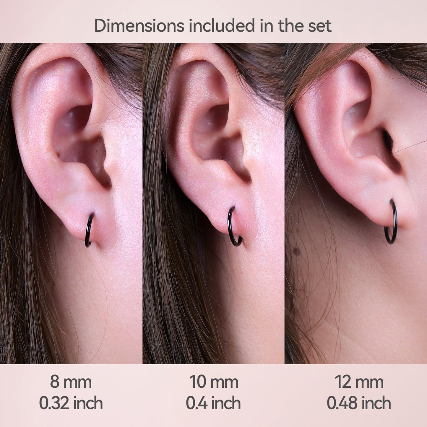 Limerencia G23 Titanium Slim Hoop Earrings, Hypoallergenic Nose/Lip Earrings 3Pairs Black Unisex