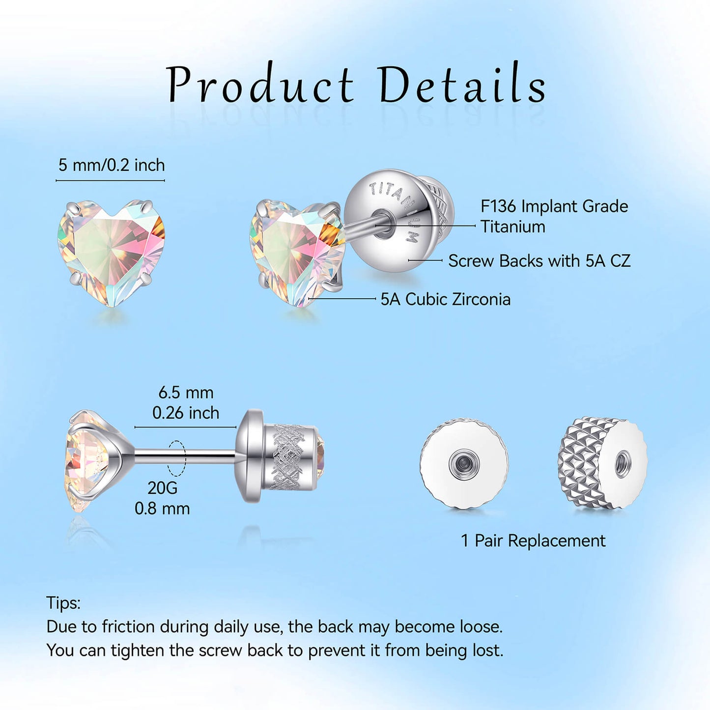 Limerencia Heart Birthstone Screw Backs Earrings G23 Implant Grade Titanium Stud Earrings 20G Hypoallergenic Cubic Zirconia Tragus Piercing Post for Sensitive Ears