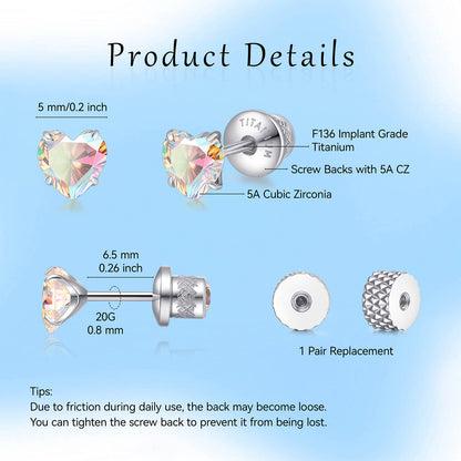 Limerencia Heart Birthstone Screw Backs Earrings G23 Implant Grade Titanium Stud Earrings 20G Hypoallergenic Cubic Zirconia Tragus Piercing Post for Sensitive Ears