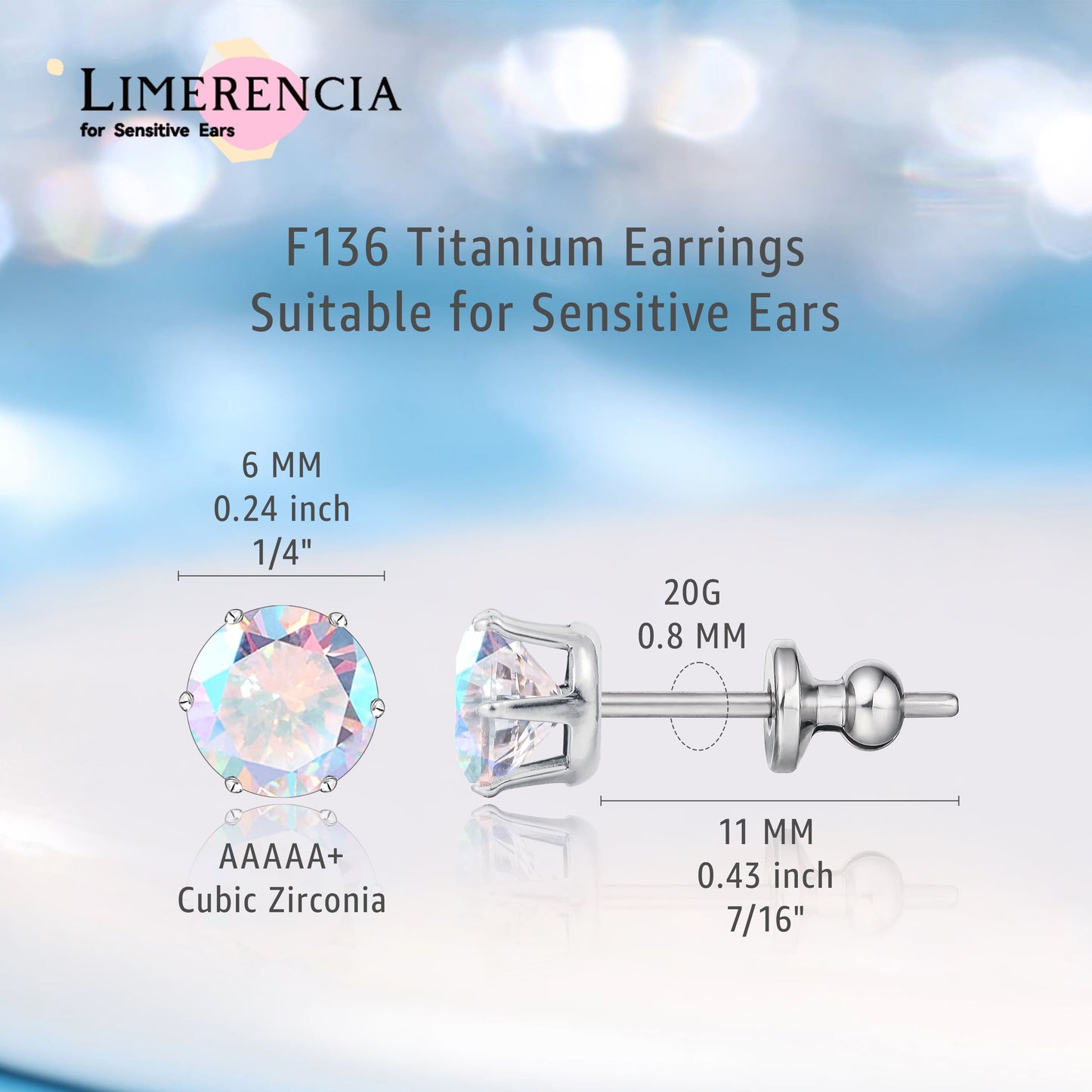 Pendientes de titanio Limerencia hipoalergénicos, tachas de grado implantado F136 con circón redondo, pendientes de seis garras para mujer y hombre con orejas sensibles