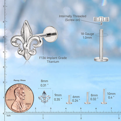 Bijoux de piercing hypoallergéniques en titane ASTM F136 Limerencia, clou à filetage interne dos plat 18G 6mm 8mm 10mm pour tragus, helix, conque, cartilage, nez et lèvre (Crête d'Iris, 1 pièce)