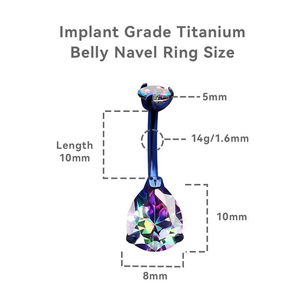 limerencia G23 Titanium Belly Button Rings hypoallergenic medical implant grade 14G Teardrop CZ Belly Navel Rings Piercing Belly Bars（Water drop belly button ring） (Black + Colorful)