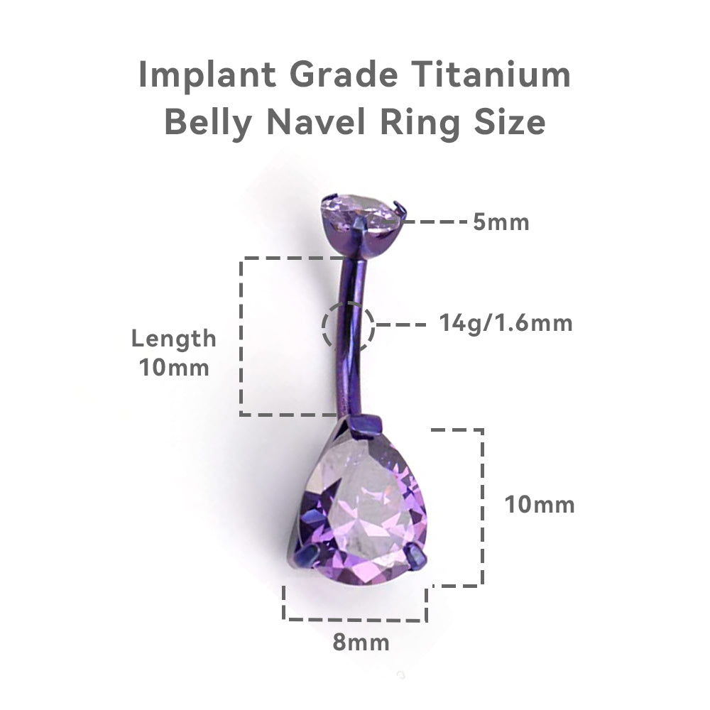 limerencia G23 Titanium Belly Button Rings hypoallergenic medical implant grade 14G Teardrop CZ Belly Navel Rings Piercing Belly Bars（Water drop belly button ring） (Purple + Purple)