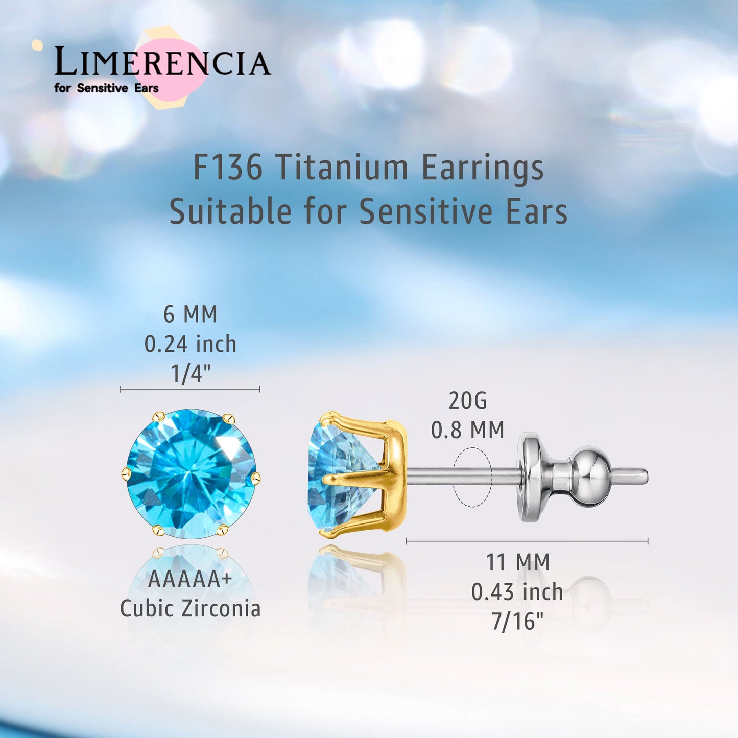 Pendientes de titanio Limerencia hipoalergénicos, tachas de grado implantado F136 con circón redondo, pendientes de seis garras para mujer y hombre con orejas sensibles
