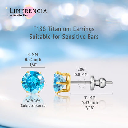 Pendientes de titanio Limerencia hipoalergénicos, tachas de grado implantado F136 con circón redondo, pendientes de seis garras para mujer y hombre con orejas sensibles
