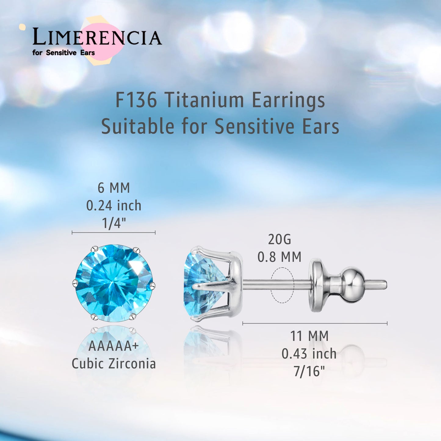 Pendientes de titanio Limerencia hipoalergénicos, tachas de grado implantado F136 con circón redondo, pendientes de seis garras para mujer y hombre con orejas sensibles