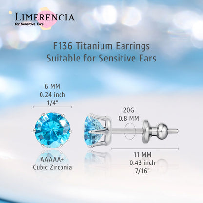 Pendientes de titanio Limerencia hipoalergénicos, tachas de grado implantado F136 con circón redondo, pendientes de seis garras para mujer y hombre con orejas sensibles