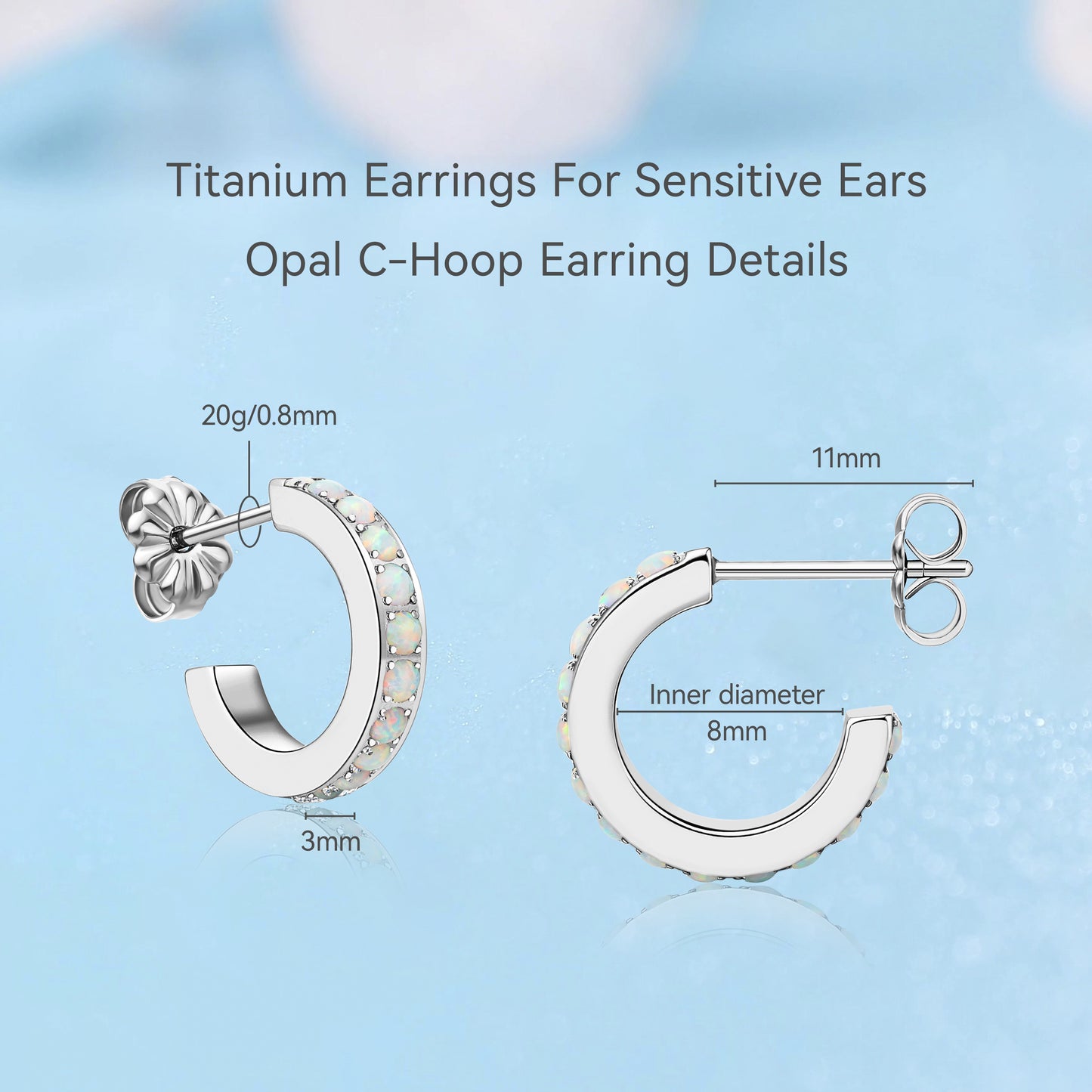 Limerencia Hypoallergenic G23 Pure Titanium Small Open C Hoop Earrings, F136 Implant Grade Lightweight Cubic Zirconia/Opal Cuff Huggie Earrings for Women Sensitive Ears