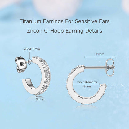 Limerencia Hypoallergenic G23 Pure Titanium Small Open C Hoop Earrings, F136 Implant Grade Lightweight Cubic Zirconia/Opal Cuff Huggie Earrings for Women Sensitive Ears