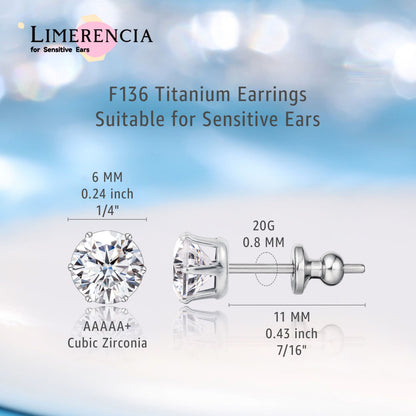 Pendientes de titanio Limerencia hipoalergénicos, tachas de grado implantado F136 con circón redondo, pendientes de seis garras para mujer y hombre con orejas sensibles