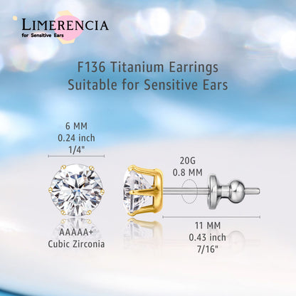 Pendientes de titanio Limerencia hipoalergénicos, tachas de grado implantado F136 con circón redondo, pendientes de seis garras para mujer y hombre con orejas sensibles