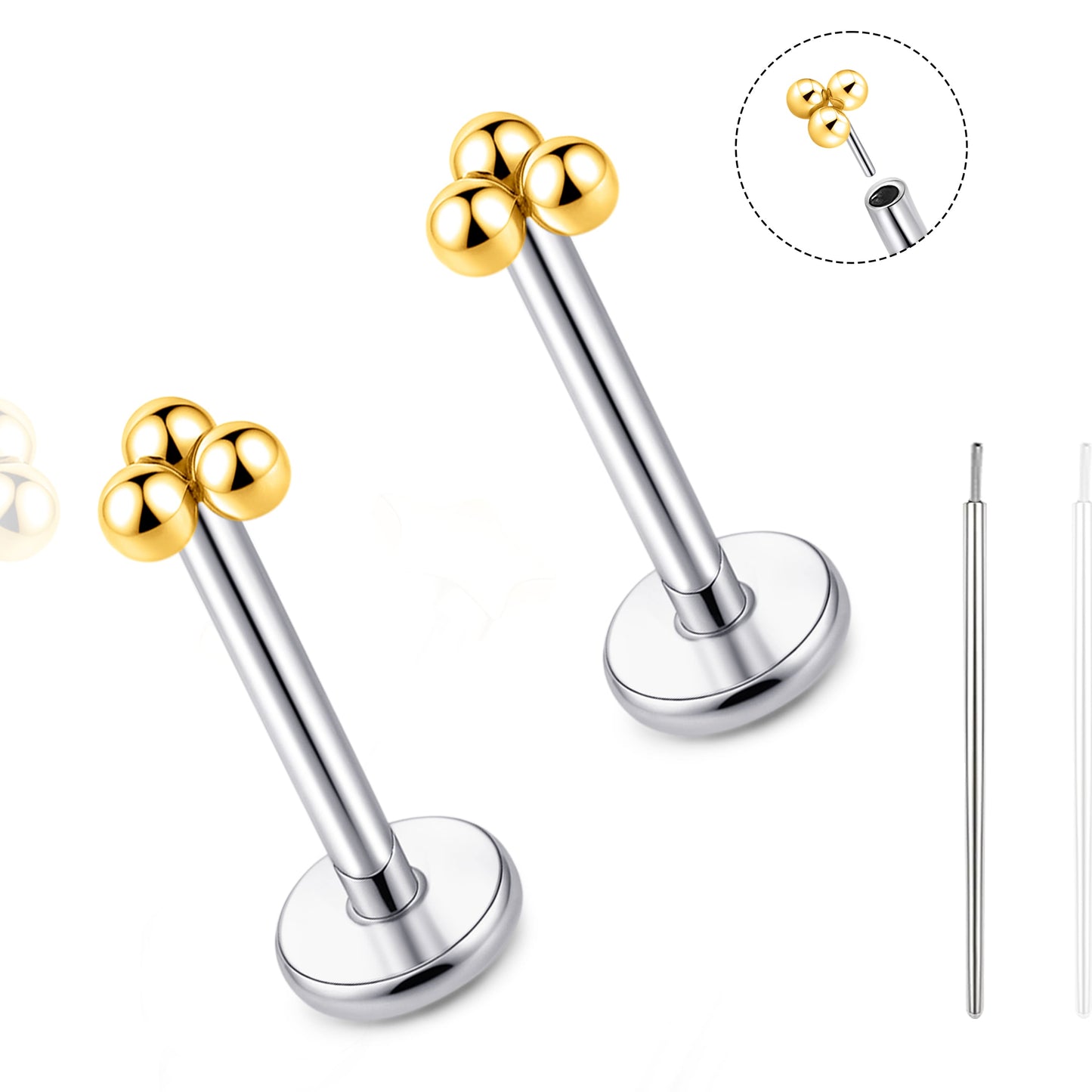 Orecchino titanio base piatta senza filetto Limerencia calibro 20G, piercing a pressione per cartilagine, trago, labret, labbro, medusa e conca, ipoallergenico unisex / tre sfere