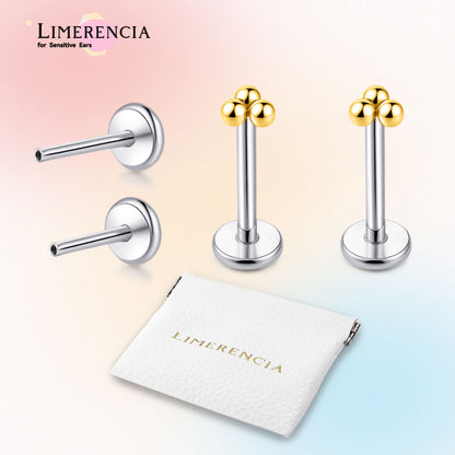 Orecchino titanio base piatta senza filetto Limerencia calibro 20G, piercing a pressione per cartilagine, trago, labret, labbro, medusa e conca, ipoallergenico unisex / tre sfere