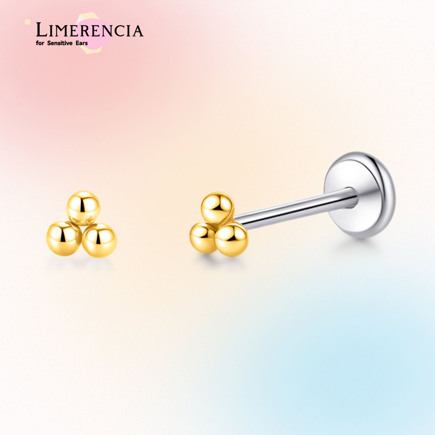 Orecchino titanio base piatta senza filetto Limerencia calibro 20G, piercing a pressione per cartilagine, trago, labret, labbro, medusa e conca, ipoallergenico unisex / tre sfere