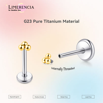 Limerencia 18G Reintitan Piercingschmuck, G23 hypoallergene Flachboden-Stecker mit Innengewinde, geeignet für Tragus, Helix, Knorpel, Conch, Medusa-, Lippen- und Labret-Piercing für Damen und Herren / 3 Kugelaufsätze