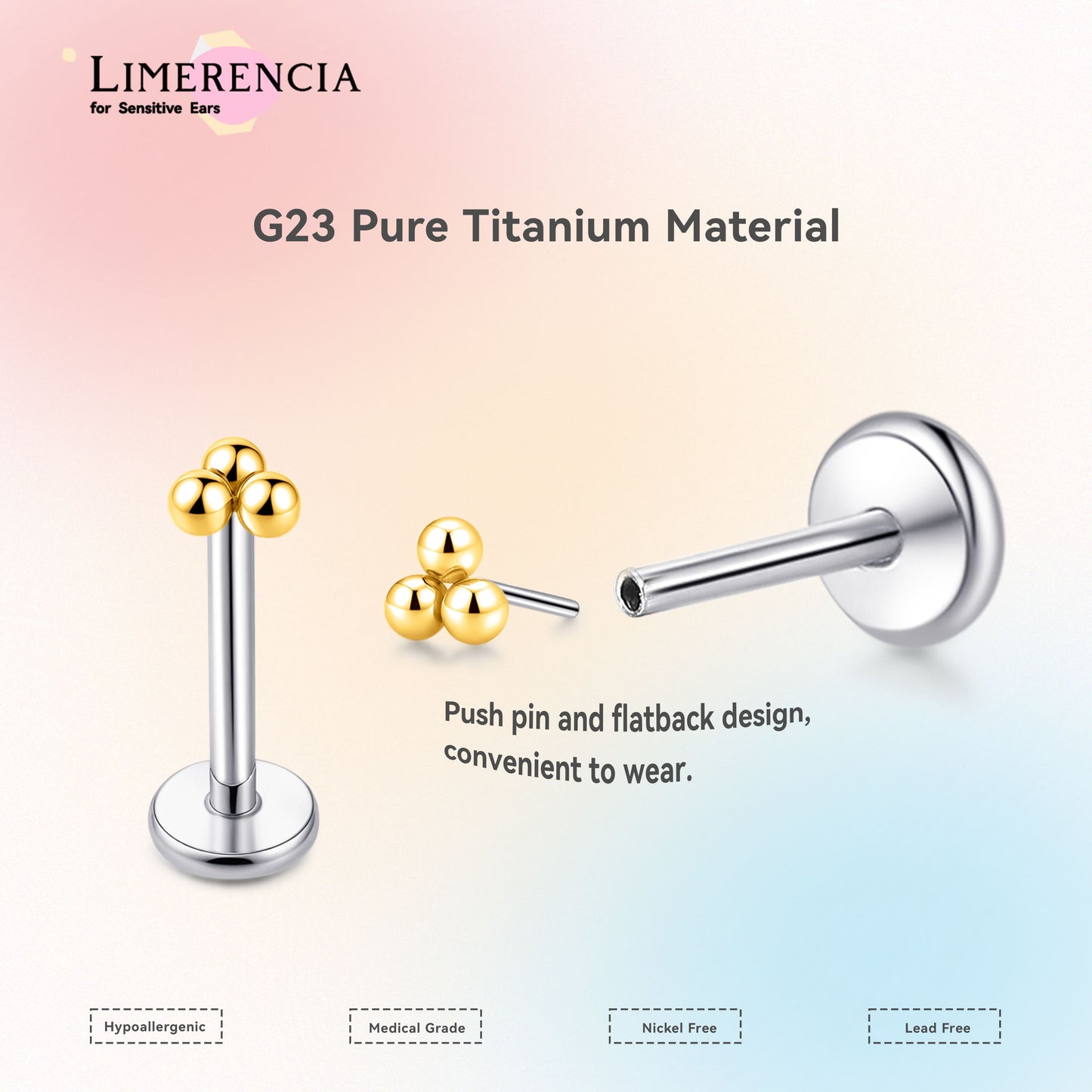 Orecchino titanio base piatta senza filetto Limerencia calibro 20G, piercing a pressione per cartilagine, trago, labret, labbro, medusa e conca, ipoallergenico unisex / tre sfere