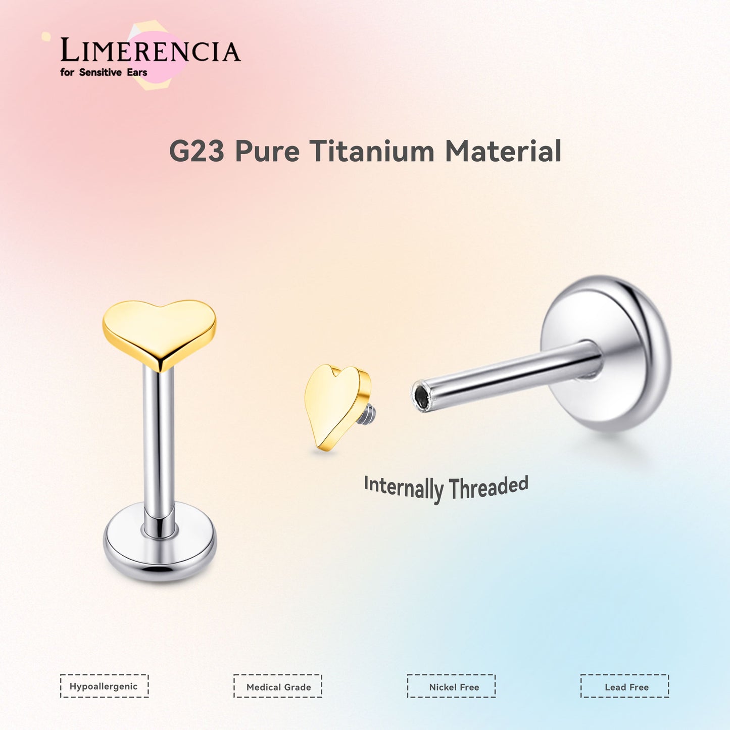 Limerencia 18G Reintitan-Körperschmuck, G23 hypoallergene Stecker mit Flachboden und Innengewinde, geeignet für Tragus, Helix, Knorpel, Conch, Medusa-, Lippen- und Labret-Piercing für Damen und Herren