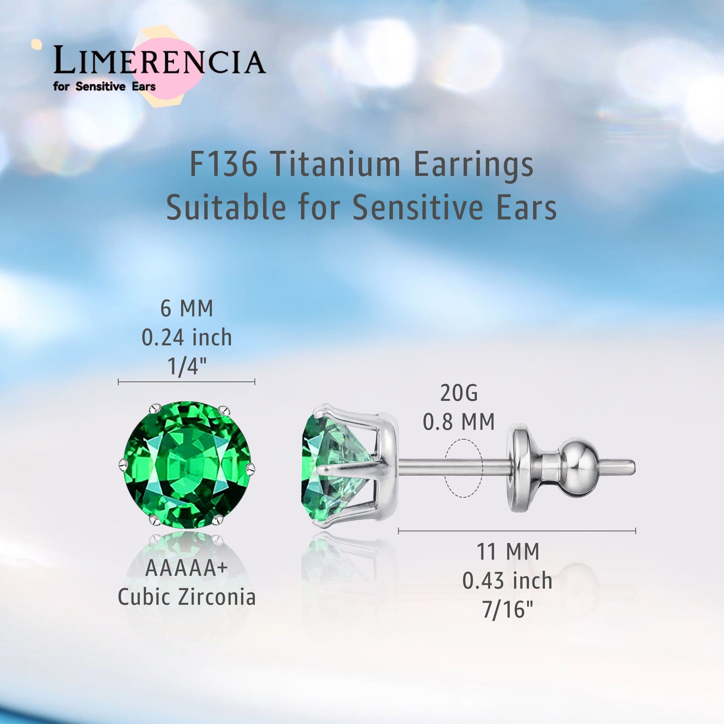 Pendientes de titanio Limerencia hipoalergénicos, tachas de grado implantado F136 con circón redondo, pendientes de seis garras para mujer y hombre con orejas sensibles