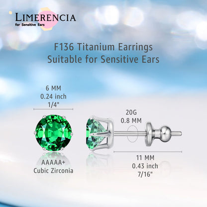 Pendientes de titanio Limerencia hipoalergénicos, tachas de grado implantado F136 con circón redondo, pendientes de seis garras para mujer y hombre con orejas sensibles