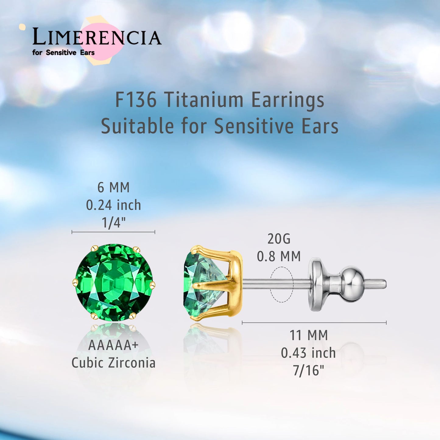 Pendientes de titanio Limerencia hipoalergénicos, tachas de grado implantado F136 con circón redondo, pendientes de seis garras para mujer y hombre con orejas sensibles