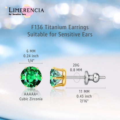 Pendientes de titanio Limerencia hipoalergénicos, tachas de grado implantado F136 con circón redondo, pendientes de seis garras para mujer y hombre con orejas sensibles