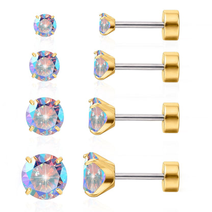 Limerencia 4 Pairs F136 Hypoallergenic Flat Back Titanium Earrings Set for Women Men, Cubic Zirconia Earrings Studs Set ， CZ Stud Earrings for Sensitive Ears, Trendy Cartilage Stud Earrings 3-6mm