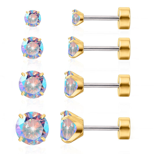 Limerencia 4 Pairs F136 Hypoallergenic Flat Back Titanium Earrings Set for Women Men, Cubic Zirconia Earrings Studs Set ， CZ Stud Earrings for Sensitive Ears, Trendy Cartilage Stud Earrings 3-6mm