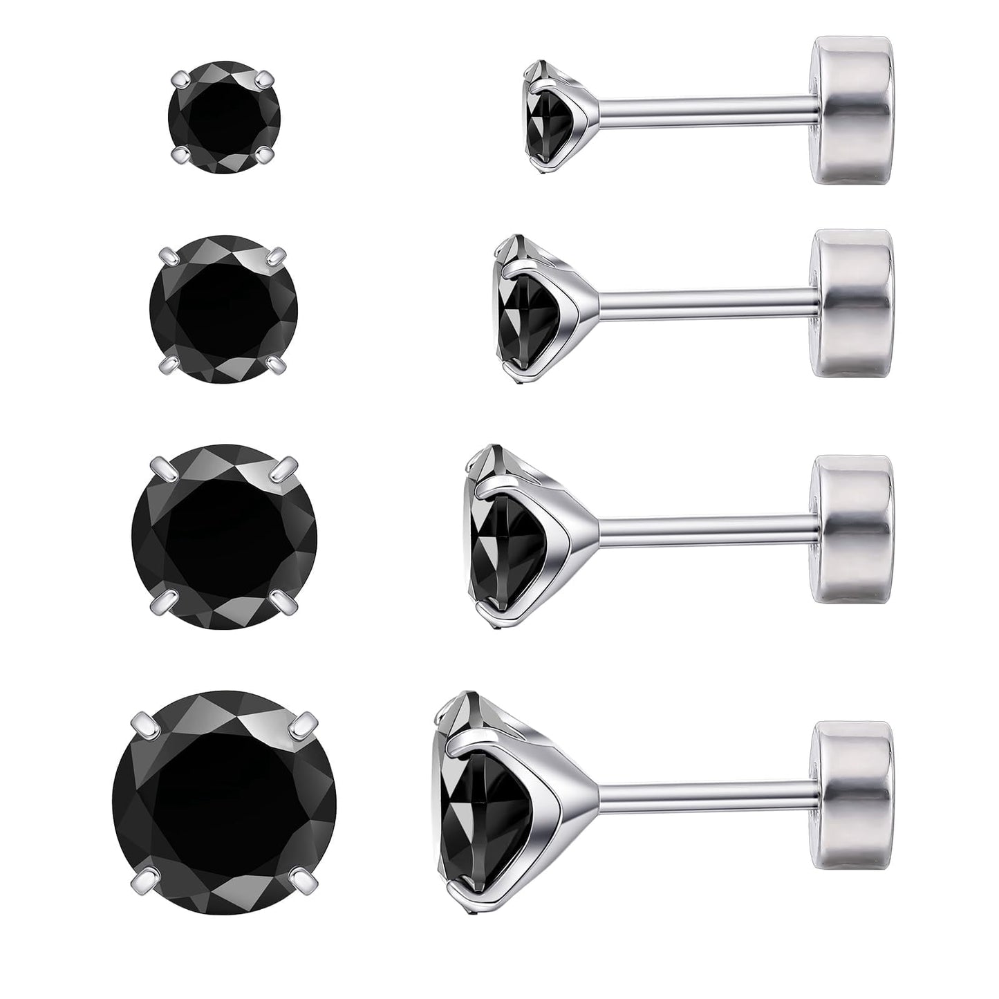 Limerencia 4 Pairs Titanium Screw Back Stud Earrings Set for Sensitive Ears, Hypoallergenic Surgical Stainless Steel Cubic Zirconia Earrings for Women Men