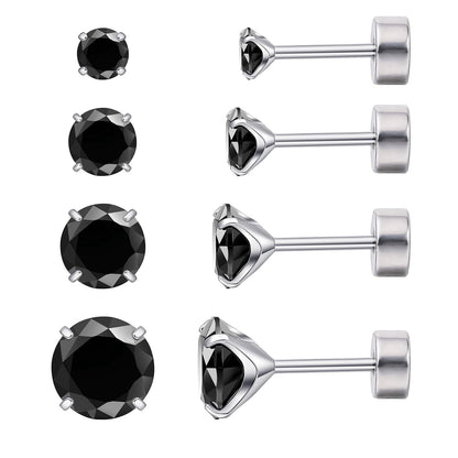 Limerencia 4 Pairs Titanium Screw Back Stud Earrings Set for Sensitive Ears, Hypoallergenic Surgical Stainless Steel Cubic Zirconia Earrings for Women Men