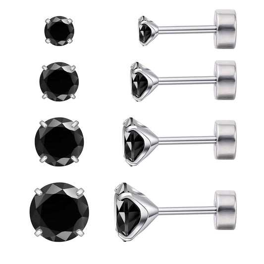 Limerencia 4 Pairs Titanium Screw Back Stud Earrings Set for Sensitive Ears, Hypoallergenic Surgical Stainless Steel Cubic Zirconia Earrings for Women Men