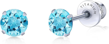 Limerencia Hypoallergenic G23 Pure Titanium Screw Back Earrings Post for Sensitive Ears Simulated Diamond Cartilage (5mm, Aquamarine)