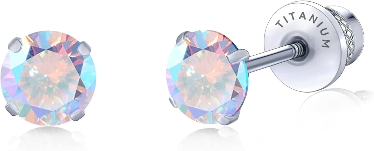 Limerencia Hypoallergenic G23 Pure Titanium Screw Back Earrings Post for Sensitive Ears Simulated Diamond Cartilage (5mm, Aurora Borealis)